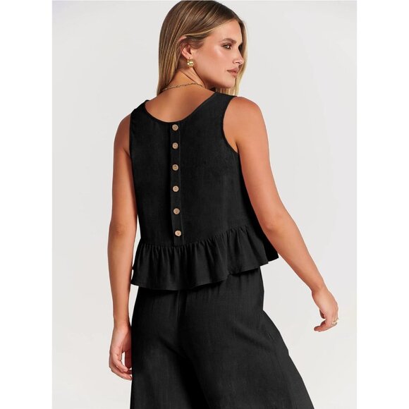Prinbara Cropped Ruffle Tank Top Sleeveless Linen Blend Black XL - Picture 4 of 12